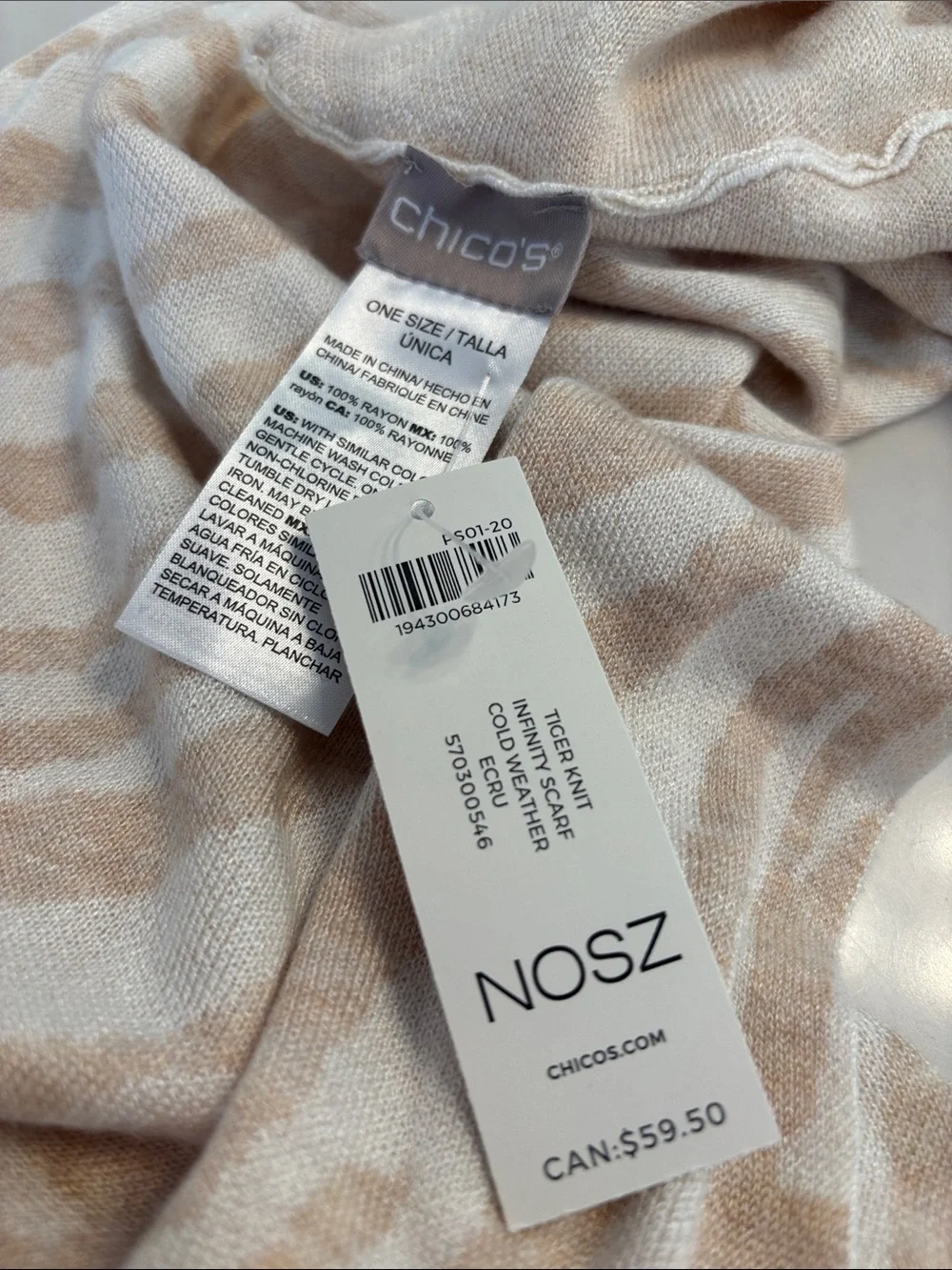 Chico's NWT Tiger Knit Infinity Scarf in Beige & Cream